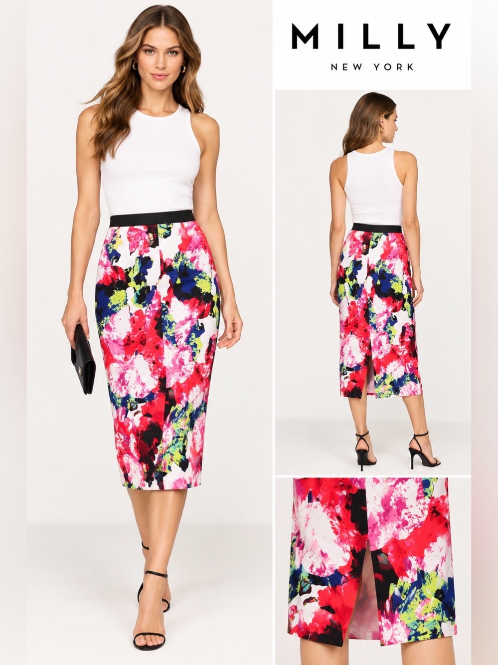 MILLY Floral Pencil Skirt Size S Abstract Stretch Midi Career